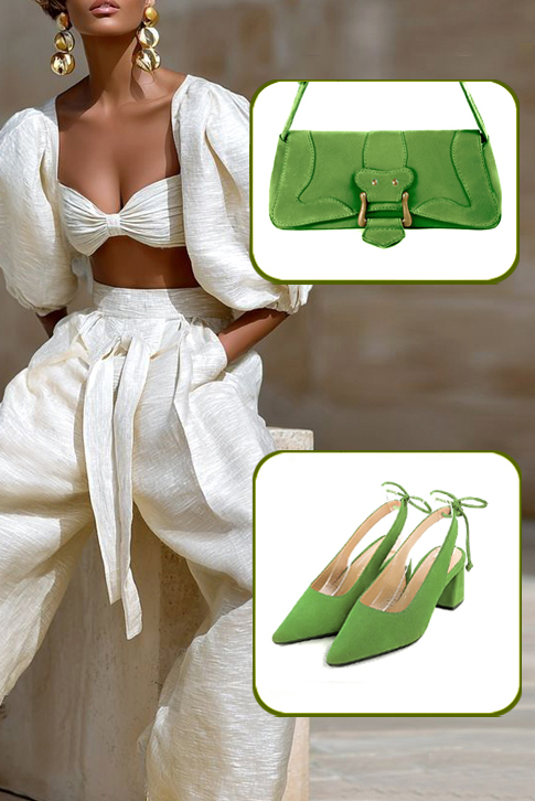 Dress slingback heels in grass green leather with medium flare heels and pointed toe - Worn view